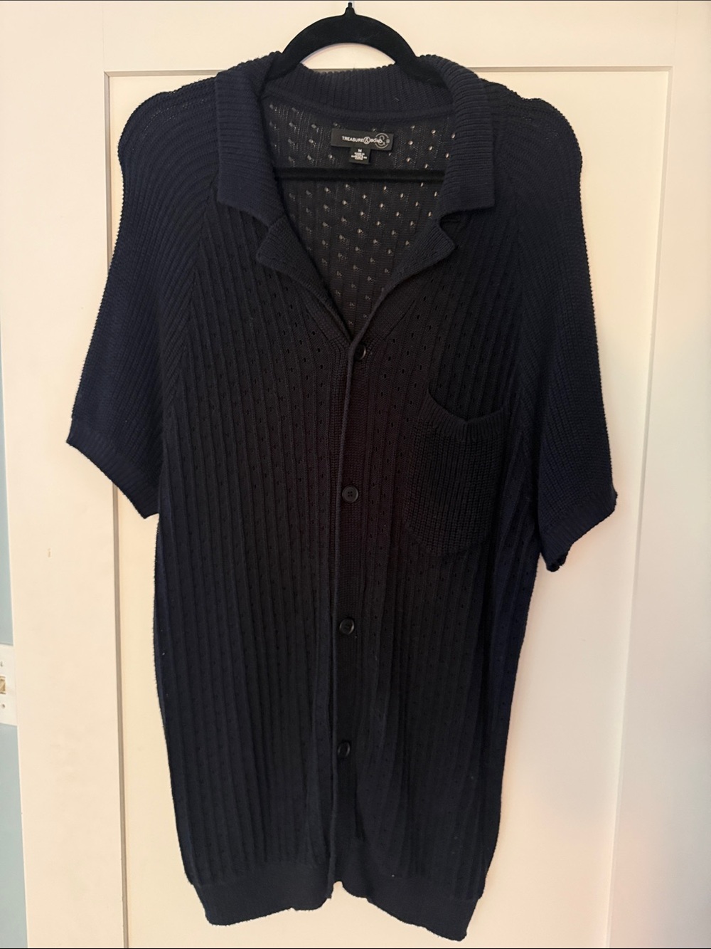 Treasure & Bond Navy Short-Sleeve Button-Up Knit Cardigan